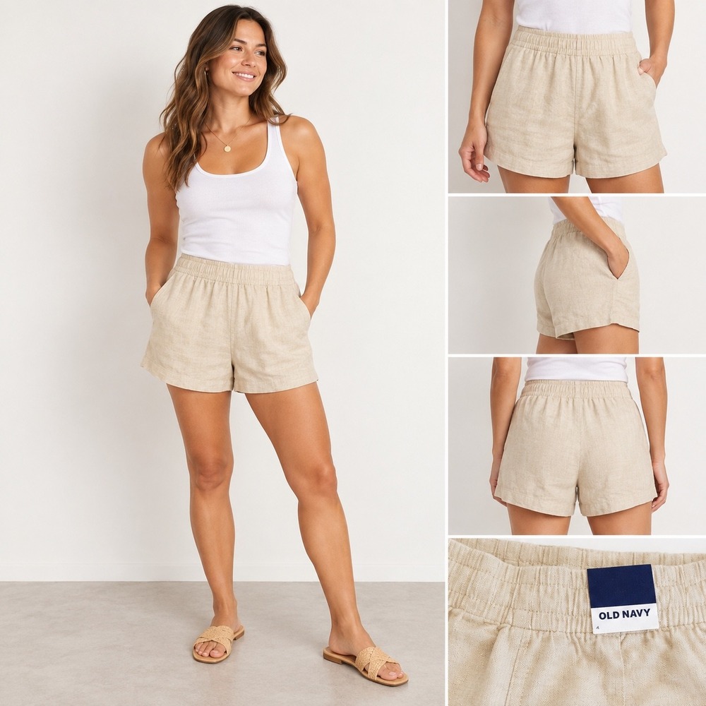 Old Navy Womens High Rise Linen Blend Shorts Oatmeal Heather Beige Large NWT